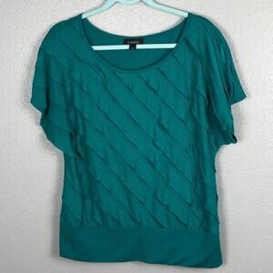 B. Design Size Large Teal Blouse Short Sleeve Top Round Neckline Ruffle Details